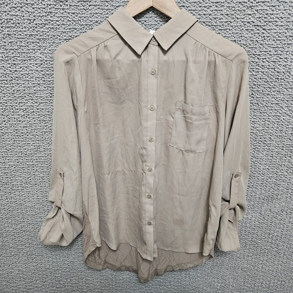 PLEIONE Women's Taupe Roll Tab Sleeve Button Up Blouse Size L